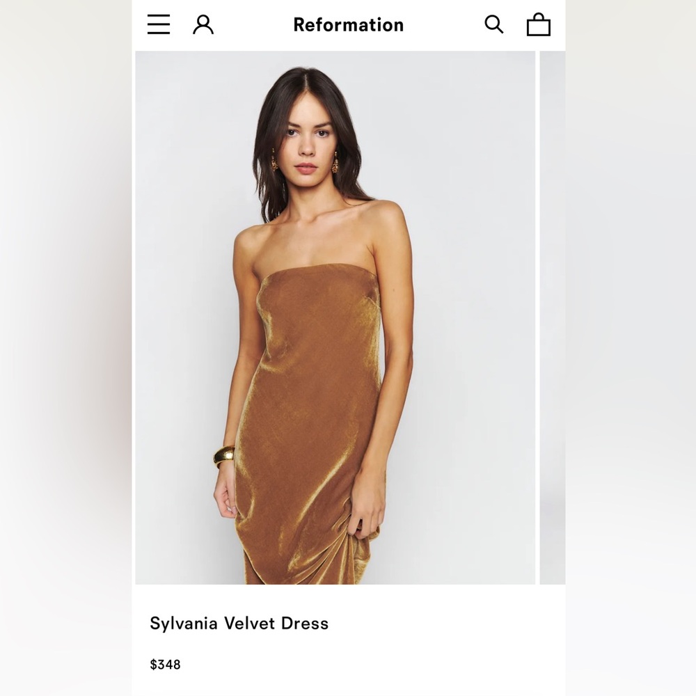 Reformation Strapless Sylvania Velvet Dress Gold